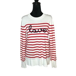 Marled Crewneck Long Sleeve Striped Love Sweater Black White Red Twee Preppy Med